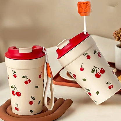 350/400ML Plastic Coffee Mug With Cherry Pattern Travel Portable Water Bottle Tumbler Sealed Leak Proof Drinking Cup Drinkware