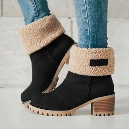 Warm Fleece Lined Mid-Calf Snow Boots Women's Velvet Booties Matte Finish Booties Two-Way Wear Low Heel round Toe Winter Boots
