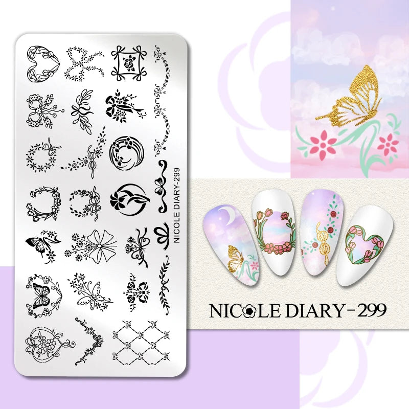 NICOLE DIARY Rose Flower Nail Stamping Plates Image Template Valentine's day Love Heart Printing Stencil Nail Art Manicure Tools