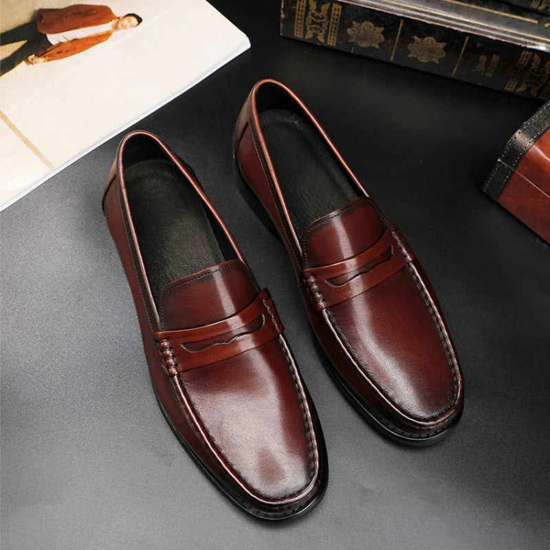 Vintage Top Layer Genuine Leather Slip on Loafers Breathable Moccasins Driving Design Casual Cowhide Shoes for Men