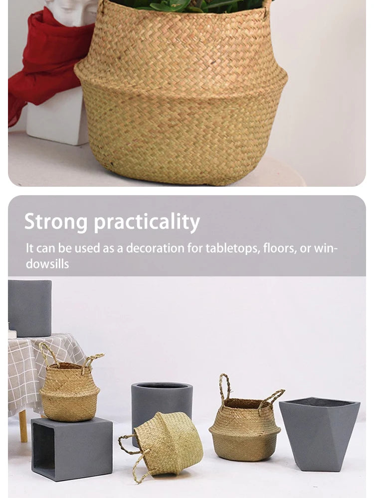 Nordic flower basket, portable woven basket, flower pot, straw woven, bamboo woven, plant woven, floor-standing folding straw wo