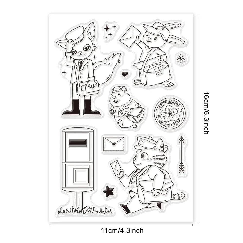 Animal Postman Silicone Clear Stamps Fox Hamster Rabbit Cat Transparent Stamps for Birthday Valentine's Day Cards Making DIY