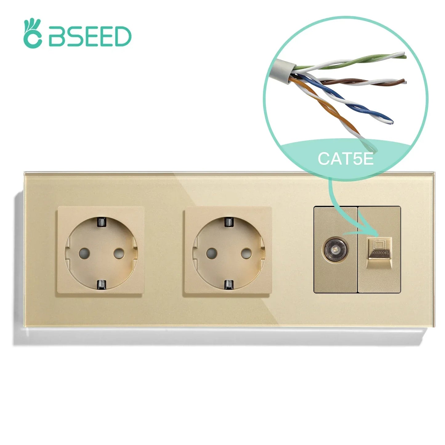 BSEED Single TV CAT5 Internet Socket Double EU Power Socket Triple Germany  With RJ45 Television Wall Sockets Glass Frame
