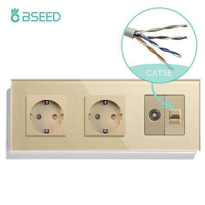 BSEED Single TV CAT5 Internet Socket Double EU Power Socket Triple Germany  With RJ45 Television Wall Sockets Glass Frame