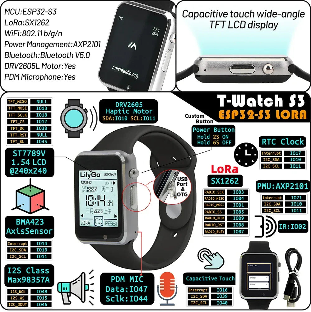 LILYGO T Watch S3 Lora Meshtastic Tracker ESP32-S3 WIFI Bluetooth LoRa Repeater IoT BMA423 Sensor with Mic Speaker Program