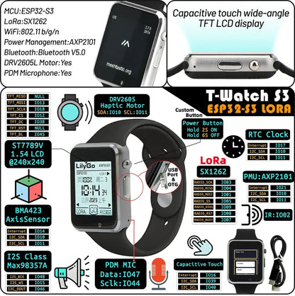 LILYGO T Watch S3 Lora Meshtastic Tracker ESP32-S3 WIFI Bluetooth LoRa Repeater IoT BMA423 Sensor with Mic Speaker Program