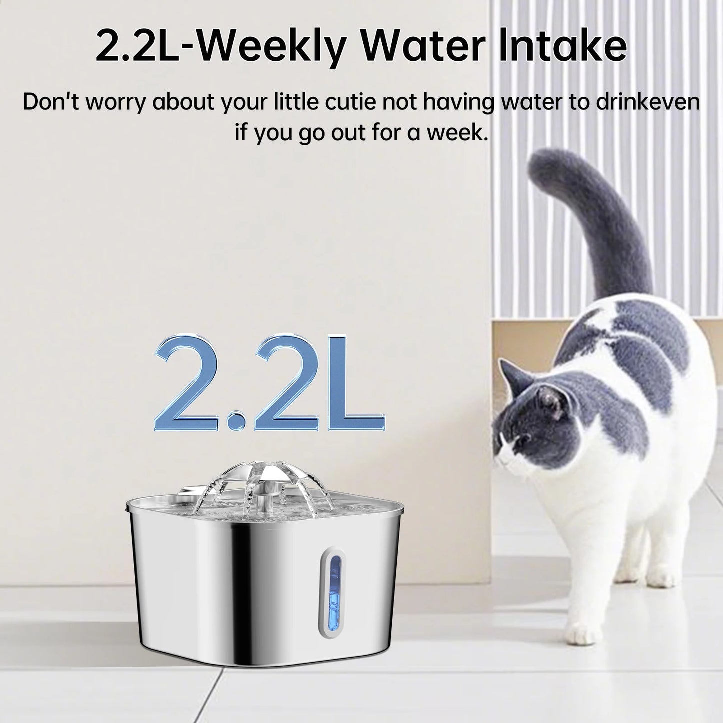 2.2L/74OZ Automatic Cat Fountain Stainless Steel Pet Water Dispenser Silent Water Pump Circulation Filtering Visual Window