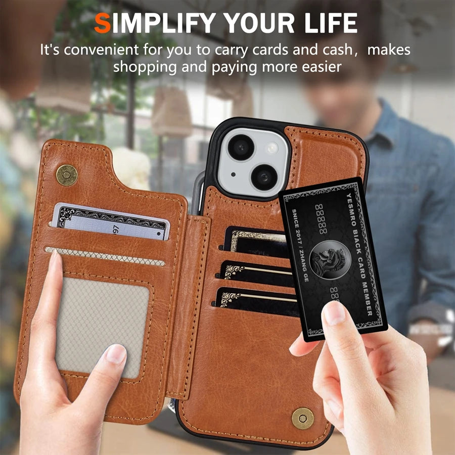 Wallet RFID Blocking Layer Protect Anti-Theft Magnetic Leather Case For iPhone Air 17 Pro Max 16e 15 Plus 14 13 12 11 Card Bag