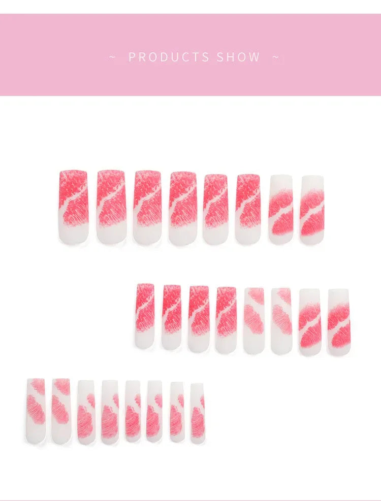 Romantic Red Lips Valentine's Day Wearable Fake Nails Frosted White Detachable Finished False Nails Press on Nails with Glue