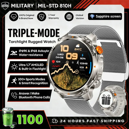 2026 Edition Military Outdoor Sports Smartwatch 1.7-inch AMOLED screen 1100 mAh battery LED flashlight Bluetooth call Waterproof