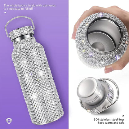 350/500/750/1000ml Luxury Rhinestone Thermos Bottle 2pcs Chain Portable Water Bottle Double Wall Stainless Steel Thermal Flask