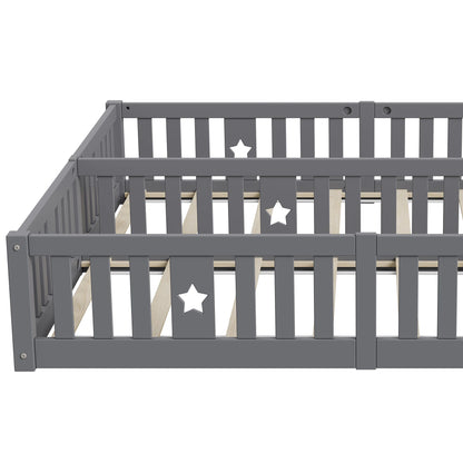 Rosahqnda Children's Bed Floor Bed 90x200cm with Railing Gate,Pine Wooden Bed for Families with 2 Children,Children's Twin Bed