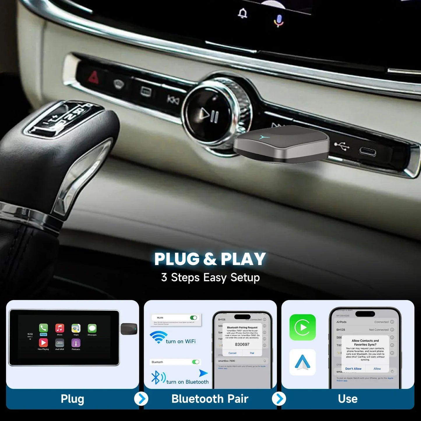 Carplay Android Auto Wireless Adapter 2 in 1 Carplay Adapter for OEM Car Stereo with USB Plug and Play Wired To Wireless