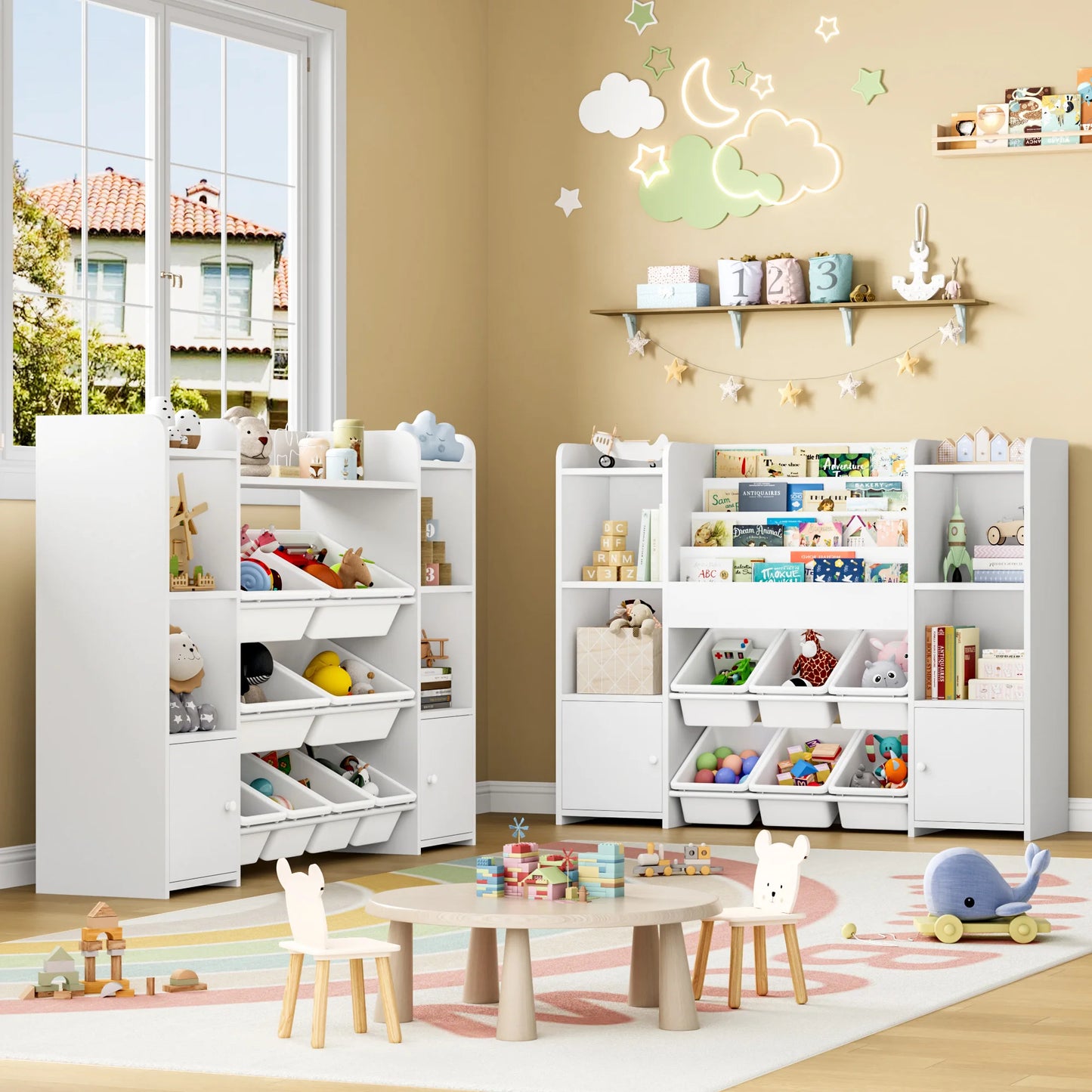 Getone Toy Storage Unit Kids Storage Unit Kids Toy Storage with 6 Removable Boxes, 4-tier Book Shelf Childrens Bookcase Kids Bookshelf Toy Organiser for Kids Room, Nursery Playroom 119x29.5x94 cm