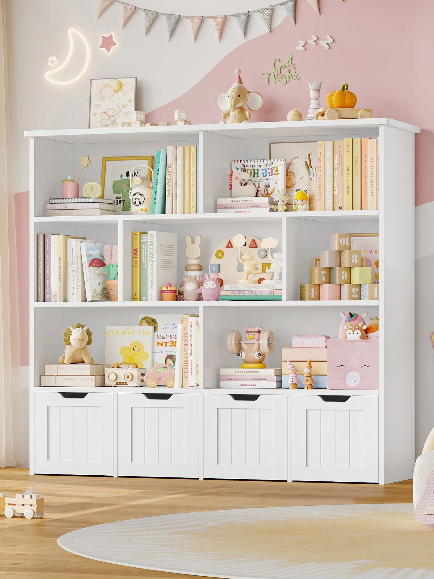 Getone Kids Toy Storage Unit Childrens Bookcase with 4 roller drawers 8 shelves Toy Organiser Kids Bookshelf for Nursery Playroom 125.5x33x118cm White/ Pink