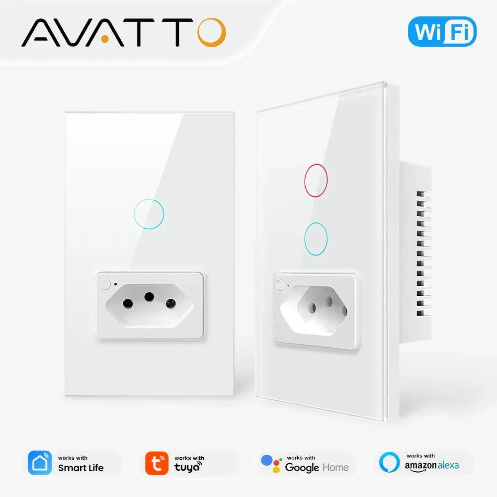 AVATTO Tuya WiFi Smart Light Switch with Socket,Brazil Stand 16A Touch Button Wall Switch,Work for Alexa Google Home