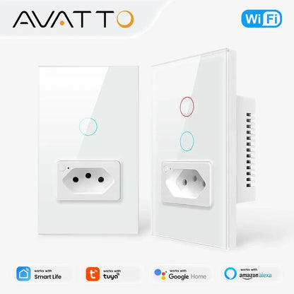 AVATTO Tuya WiFi Smart Light Switch with Socket,Brazil Stand 16A Touch Button Wall Switch,Work for Alexa Google Home