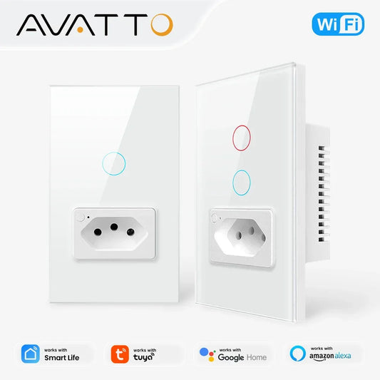AVATTO Tuya WiFi Smart Light Switch with Socket,Brazil Stand 16A Touch Button Wall Switch,Work for Alexa Google Home