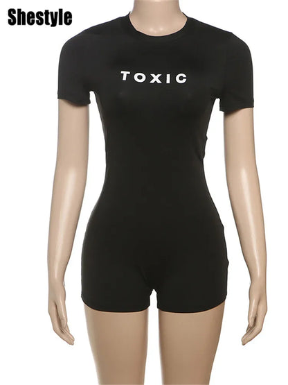 Shestyle Letter Printing Toxic Black Playsuit Women Short Sleeve Back Zipper Crew Neck Skinny Exercise Hipster Outfit Fitness