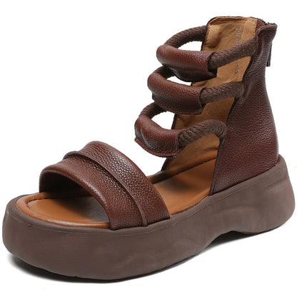 Koznoy 8cm Natural Genuine Leather Sandals Boots Flats Platform Wedge Summer Women Hollow Pumps Peep Toe Booties Mary Jane Shoes
