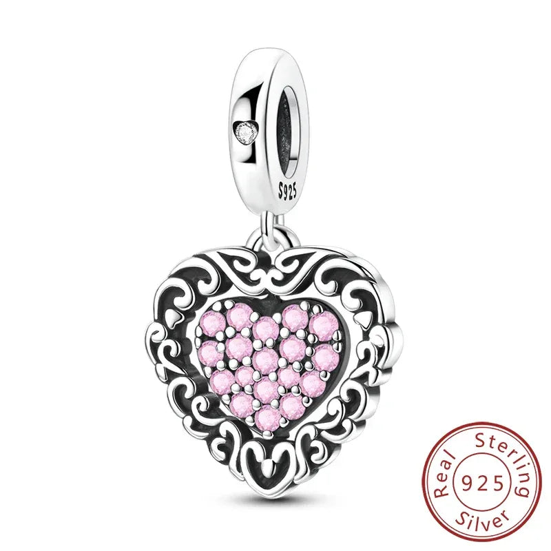 925 Silver Valentine's Day Charms Bead Sparkling Sweet Heart Rose Bear Charm Fit Original Bracelet Bangle Woman DIY Jewelry Gift