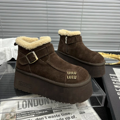 2024 New Fur Platform Women Ankle Boots Flats Suede Warm Shoes Woman Trend Designer Brand Short Plush Cozy Femme Snow Botas