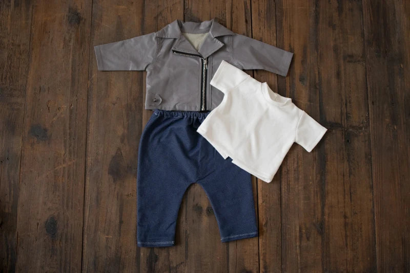 Newborn Photography Clothes for Baby Boy Cool Leather Jacket Clothing Musician Guirar Set Props for Studio Photoshoot Props