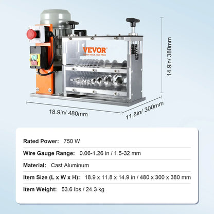 SucceBuy Electric Wire Stripping Machine Cable Stripper Peeler 750W 1.5-32mm 10 Channels Acrylic+Aluminum Scrap Copper Recycling