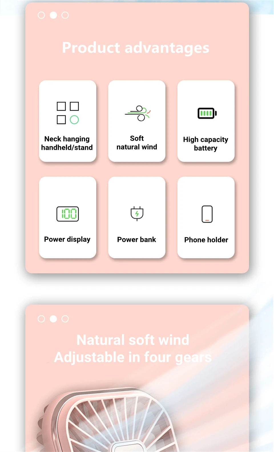 3000mAh Battery Handheld Outdoor Small Fan Portable Small Halterneck Adjustable Speeds Foldable USB Charging Cooling Artifact