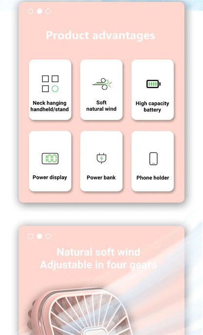 3000mAh Battery Handheld Outdoor Small Fan Portable Small Halterneck Adjustable Speeds Foldable USB Charging Cooling Artifact