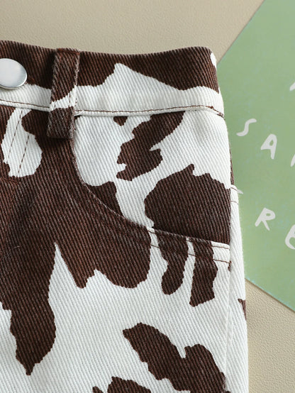 New Classic Black & White Cow Print Denim Pants with Button Waist & Pockets, Breathable & Comfortable for Baby Girls' Daily & Ca