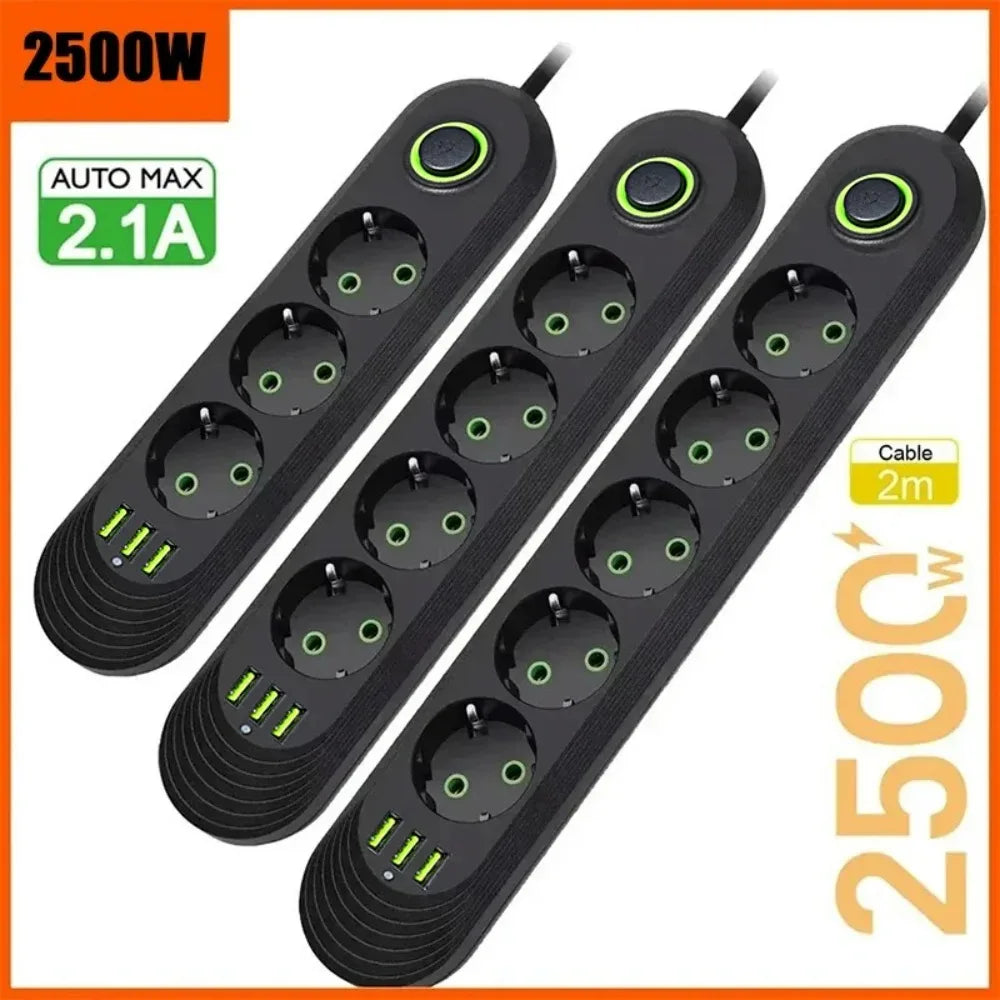EU Power Socket 2m Cable 3USB Jack 3/4/5 Holes 2500W Power Strip AC Outlet with Extension Cord Max 2.1A Charging Adapter Socket