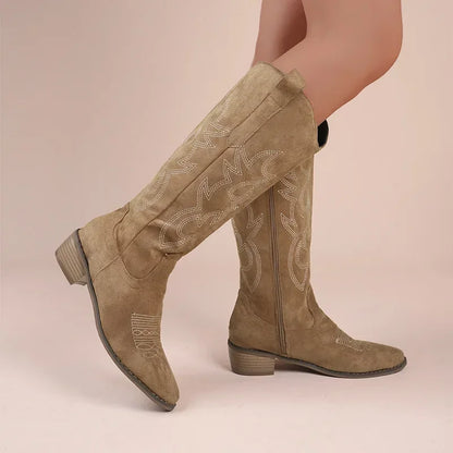 Embroidered Western Cowboy Boots for Women Autumn Pointed Toe Thick Heel High Knee Boots Woman Loose PU Leather Long Botas Mujer