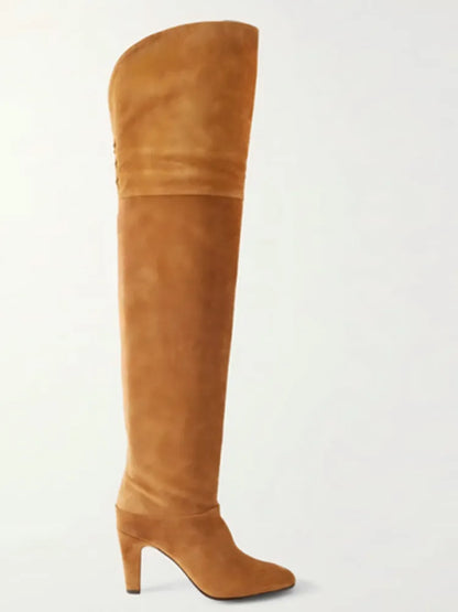 Autumn and Winter Women's Thick High-heeled Knee High Boots, Round Headed Cowhide Suede Fashionable Women's Plus Size Boots