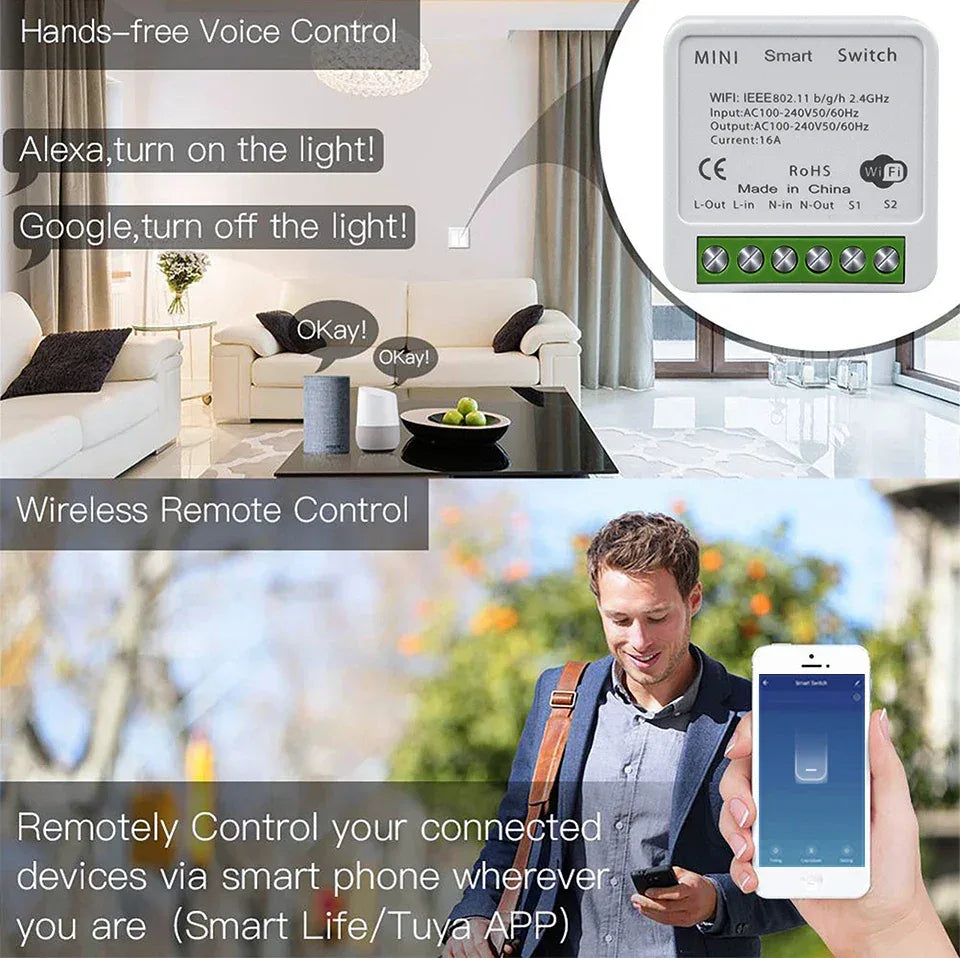 16A Mini Tuya Smart WiFi Switch RF433MHz Home Automation Breaker Voice Control With Alexa Google Home 100-240V 20A 2 Way Control