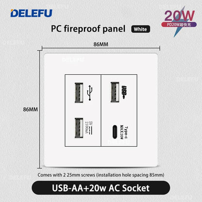 DELEFU86 PC White Flame Retardant Panel Italy Standard Wall Socket USB Type C Socket German Italian Socke EU Socket
