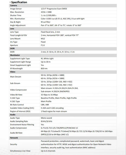 Original Hikvision DS-2CD1383G2P-LIUF/SL 8MP Dual Lens Stitched Wide Angle Smart Hybrid Light 180° Fixed Turret Network Camera
