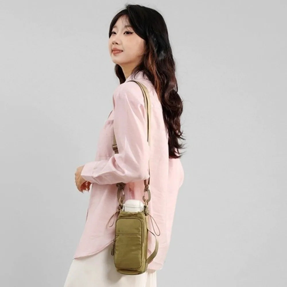 Adjustable Strap Nylon Water Bottle Storage Bag Phone Pocket Nylon Material Portable Water Bottle Bag Protective Cover