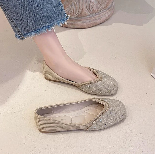 Shoes for Woman 2025 Diamond Flats Women's Summer Footwear Flat Square Toe Pink with Crystals Rhinestone Office 39 Beau Today E