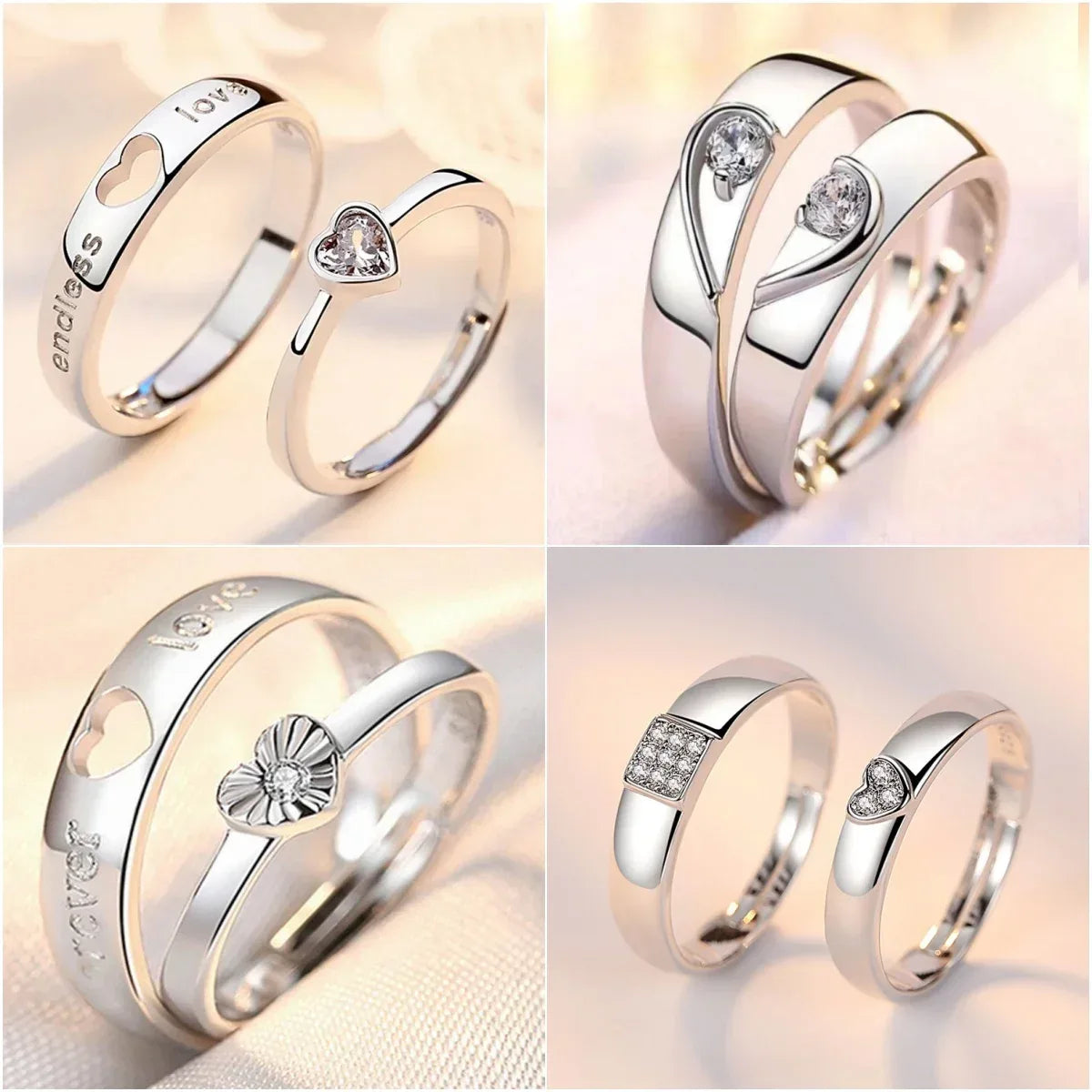 New Zircon Heart Matching Ring For Women Men Set Forever Endless Love Wedding Rings Couple Charm Valentine's Day Jewelry Gifts