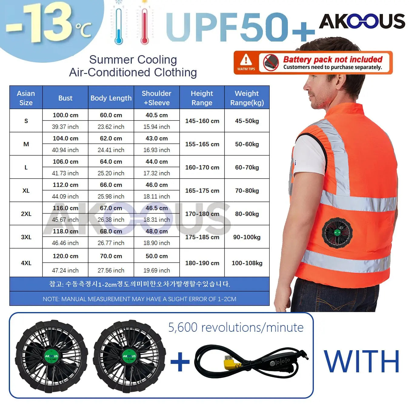 AKOOUS 6500 RPM 12V/5V USB 3-Fans Cooling Vest Air Conditioned Clothes Men Women Outdoor Work Fishing Body Cooling Jacket