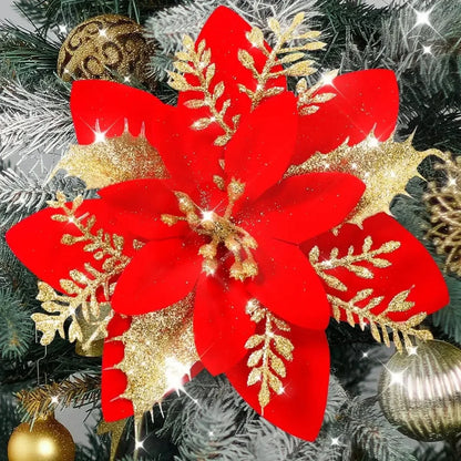 10/1Pc Christmas Glitter Artificial Flowers DIY Christmas Tree Hanging Ornaments Fake Flower For Xmas New Year Party Decor Gifts