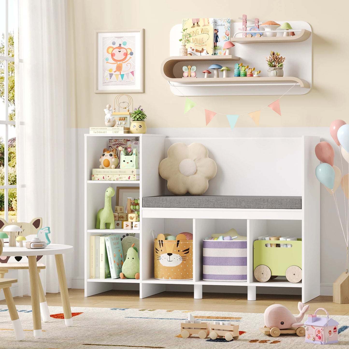 Child Rack 110 cm toys Shelf CHILDREN'S room with Pillow and 6 Shelves Child Seat Bench toys storage for Kids