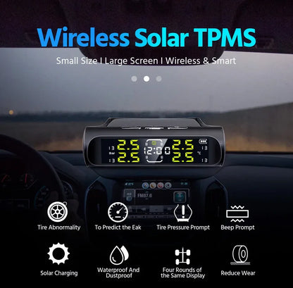 Wireless Solar Charging TPMS Real-time Monitoring with Electronic Clock Display 4 Sensors Tire Pressure Monitoring System