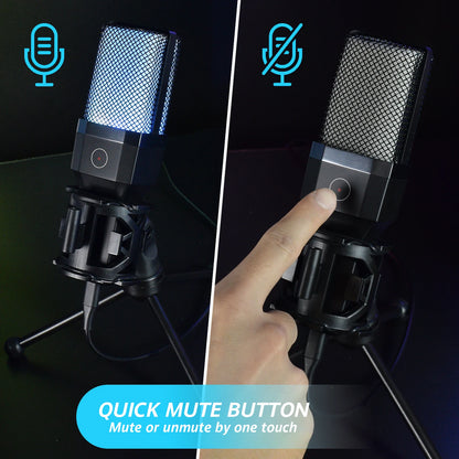 Professional Microphone Condenser Gaming Mic PC Laptop Computer USB Wired Streaming Studio Podcast Mike Kit Gamer RGB PC Karaoke