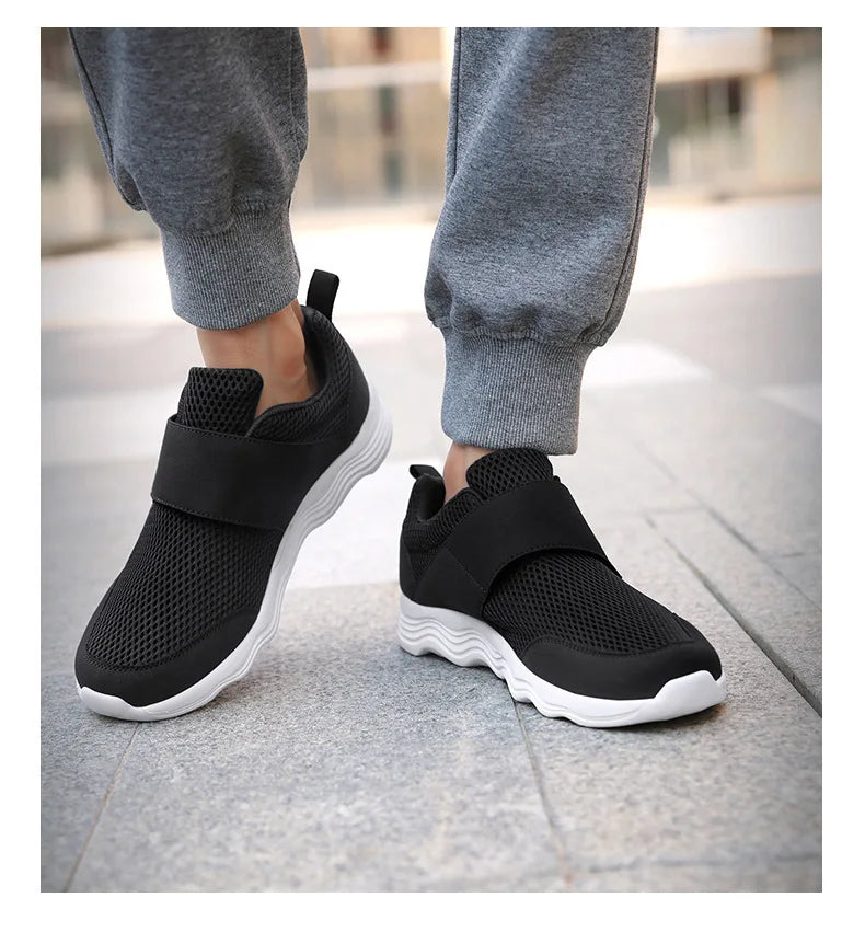 Men's Lightweight Sneakers With Hook And Loop Fastener, Casual Breathable Mesh Comfy Trendy Anti-skid Shoes For Walking