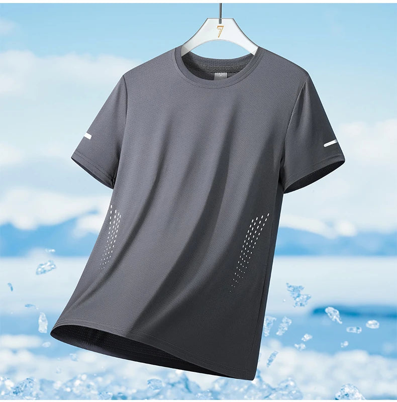 Summer Mesh Sports T-Shirt Men Quick-Drying Breathable Loose Ice Silk Short Sleeves Men Jogging Hiking Round Neck Sports T-shirt