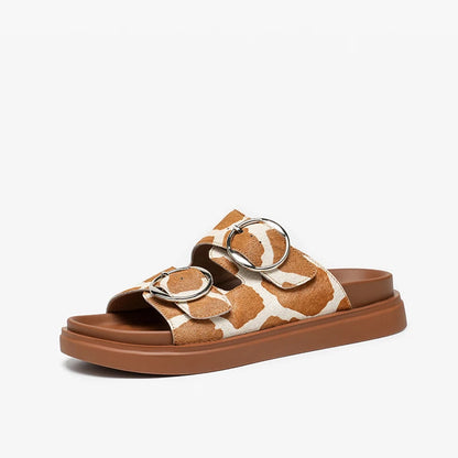 BEAUTODAY Casual Sandals Women Horseskin Animal Prints Double Buckles Straps Thick Sole Outdoor ladies Shoes Handmade 34616