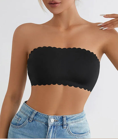 Hot Sale New Design Effective Slip-proof Scallop Side One Piece Bralette Padded Ice Silk Seamless Strapless Bra For Women