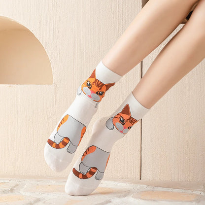 1/5 Pairs New Arrivals Women Socks Cartoon Animal Cat Spring Autumn Kawaii Comfortable School Girls Female Casual Funny Socks
